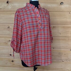 Chic Plaid Women's Vintage Blouse - Red and Orange wooden barrel buttons